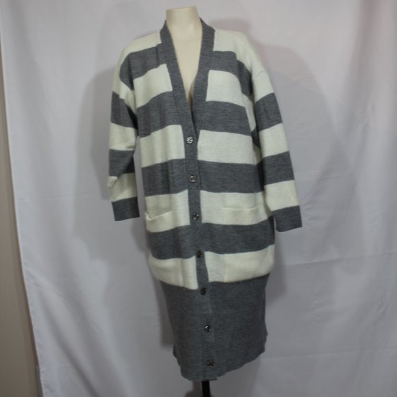 VTG Lucia Grey White Stripes  Cardigan button down  Wool Blended Size Large (12) - Picture 10 of 11